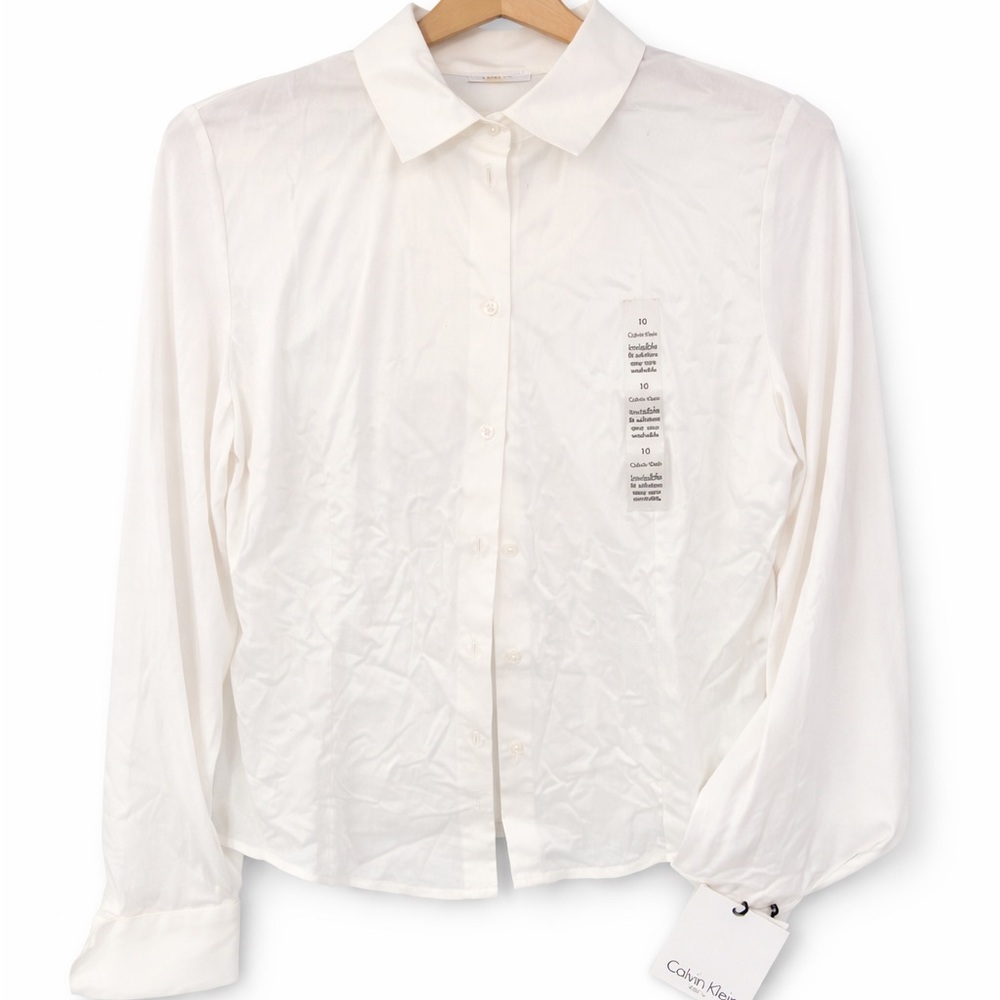 Calvin Klein White Button Down Blouse Size 10 Invisible Fit NWT Classic Work Top - Picture 2 of 3